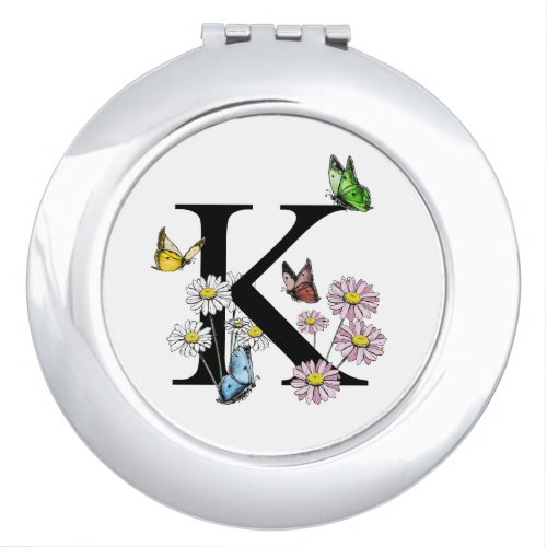 Letter K Floral Watercolor Butterfly Monogram Compact Mirror