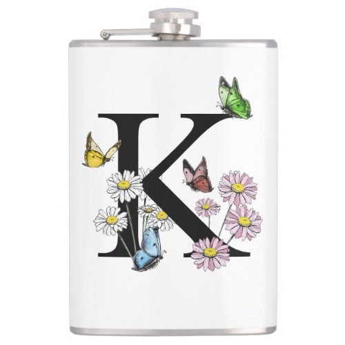 Letter K Floral Watercolor Butterfly Monogram Flask