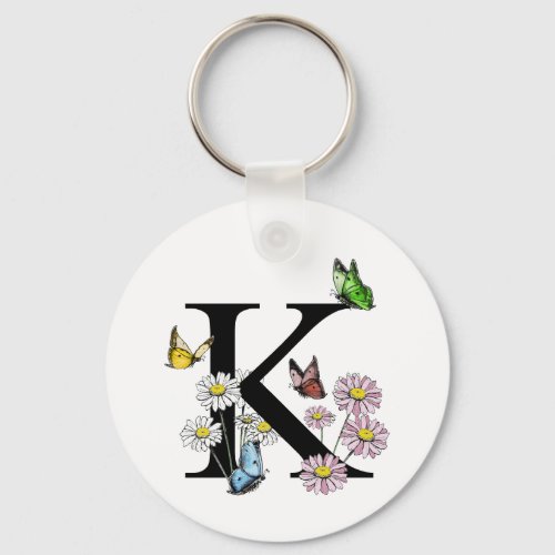 Letter K Floral Watercolor Butterfly Monogram Keychain