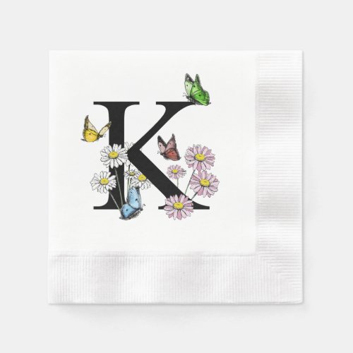 Letter K Floral Watercolor Butterfly Monogram Napkins