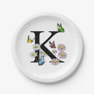 Letter K Floral Watercolor Butterfly Monogram Paper Plates