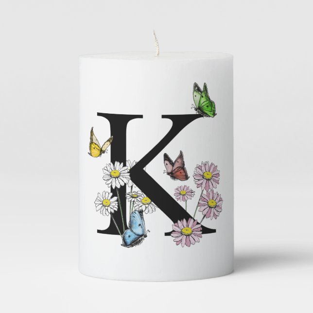 Letter K Floral Watercolor Butterfly Monogram Pillar Candle (Front)