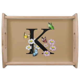 Letter K Floral Watercolor Butterfly Monogram Serving Tray