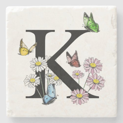 Letter K Floral Watercolor Butterfly Monogram Stone Coaster