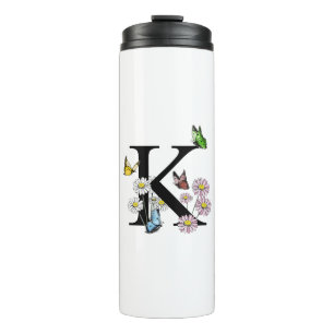 Letter K Floral Watercolor Butterfly Monogram Thermal Tumbler