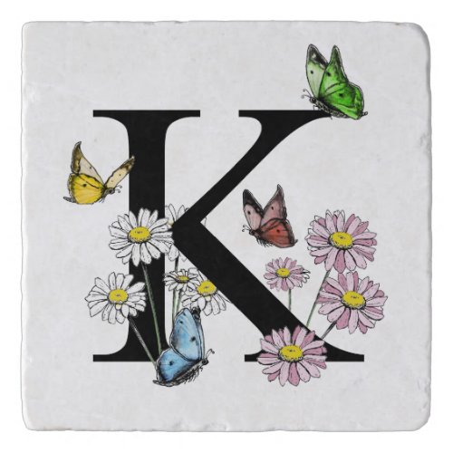 Letter K Floral Watercolor Butterfly Monogram Trivet