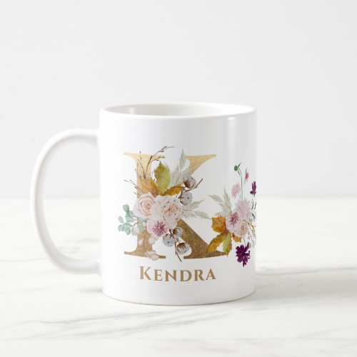 Letter K _ Gold Floral Name sister coworker friend Coffee Mug