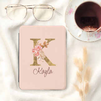 Letter K Gold Monogram Blush Pink Roses Kindle Cover