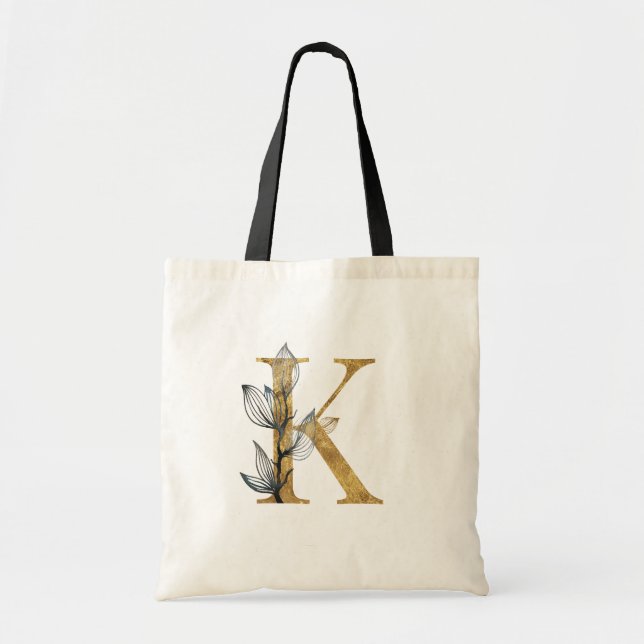 *~* Letter K Gold Monogram Initial Black Leaves Tote Bag (Front)