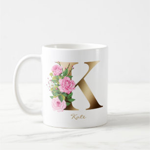 Letter K Gold Monogram Pink Roses Floral Coffee Mug
