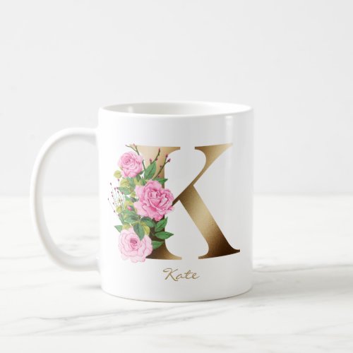 Letter K Gold Monogram  Pink Roses Floral Coffee Mug