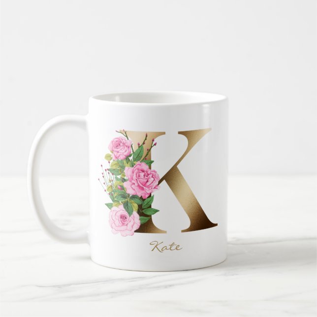 Letter K Gold Monogram | Pink Roses Floral Coffee Mug (Left)