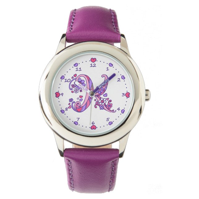 Letter K initial monogram doodle heart girls watch (Front)