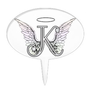 Letter K Initial Monogram with Angel Wings & Halo Cake Topper