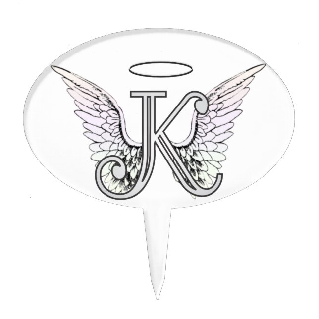 Letter K Initial Monogram with Angel Wings & Halo Cake Topper (Front)