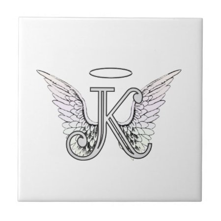 Letter K Initial Monogram With Angel Wings & Halo Ceramic Tile