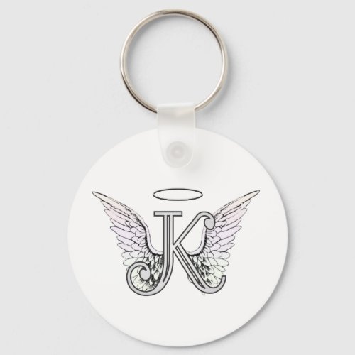 Letter K Initial Monogram with Angel Wings  Halo Keychain