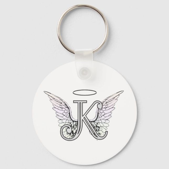 Letter K Initial Monogram with Angel Wings & Halo Keychain (Front)