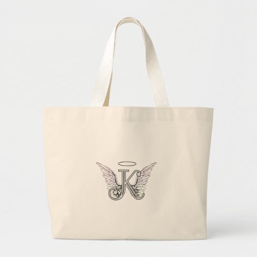 Letter K Initial Monogram with Angel Wings  Halo Large Tote Bag