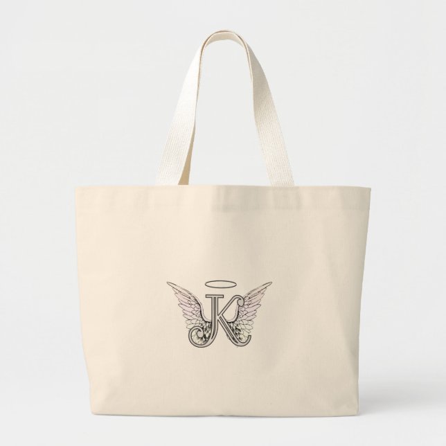 Letter K Initial Monogram with Angel Wings & Halo Large Tote Bag (Front)