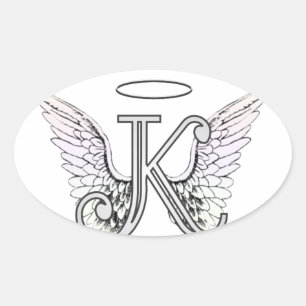 Letter K Initial Monogram with Angel Wings & Halo Oval Sticker