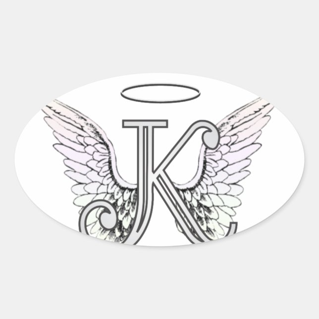 Letter K Initial Monogram with Angel Wings & Halo Oval Sticker (Front)