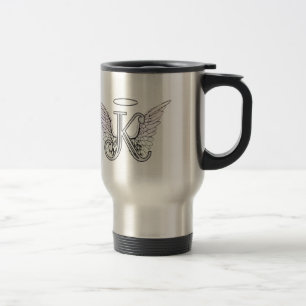 Letter K Initial Monogram with Angel Wings & Halo Travel Mug