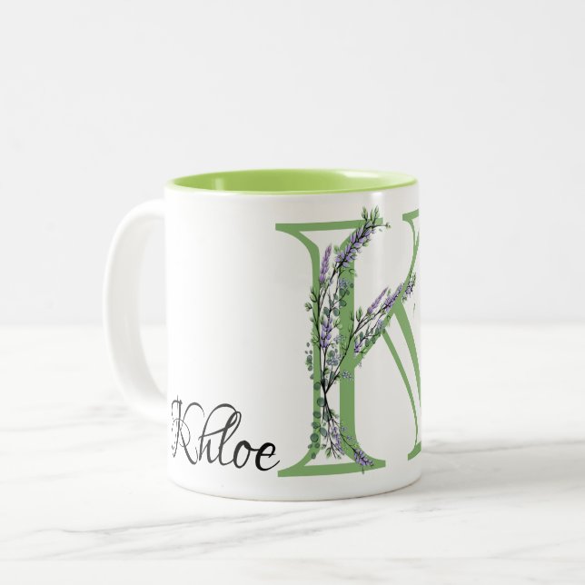 Letter K Lavender Eucalyptus monogrammed  Two-Tone Coffee Mug (Front Left)