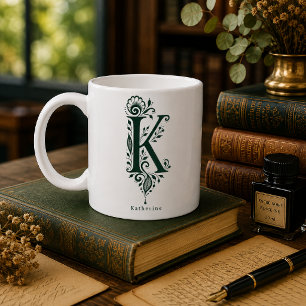 Letter K Linocut Botanical Personalized Mug