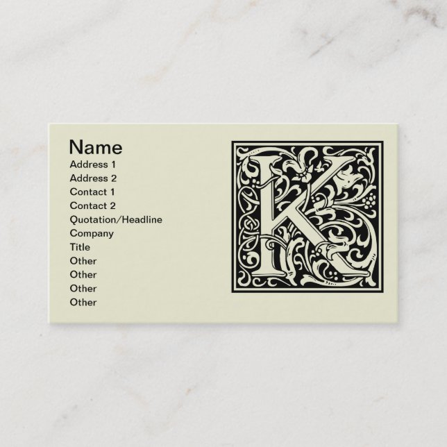 Letter K Medieval Monogram Art Nouveau Business Card (Front)