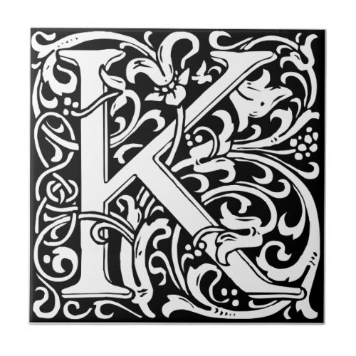 Letter K Medieval Monogram Art Nouveau Ceramic Tile
