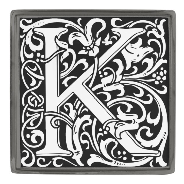 Letter K Medieval Monogram Art Nouveau Gunmetal Finish Lapel Pin (Front)