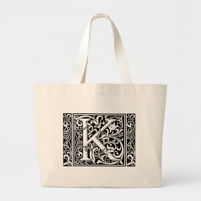 Letter K Medieval Monogram Art Nouveau Large Tote Bag (Front)