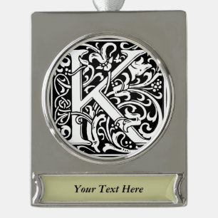 Letter K Medieval Monogram Art Nouveau Silver Plated Banner Ornament