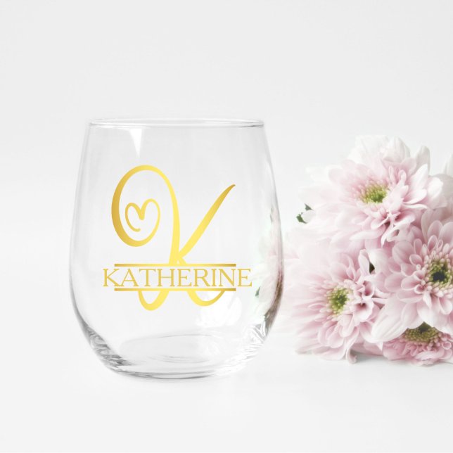 Letter K Monogram Bridesmaid Gift, Modern Elegant Stemless Wine Glass (stemless wine glass for a bridesmaid gift that has a gold split K monogram and customized with name)
