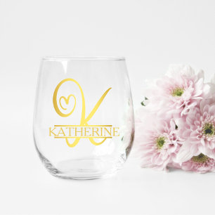 Letter K Monogram Bridesmaid Gift, Modern Elegant Stemless Wine Glass