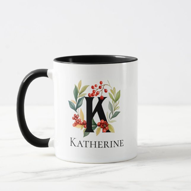 Letter K Monogram Christmas Berry Wreath Mug (Left)