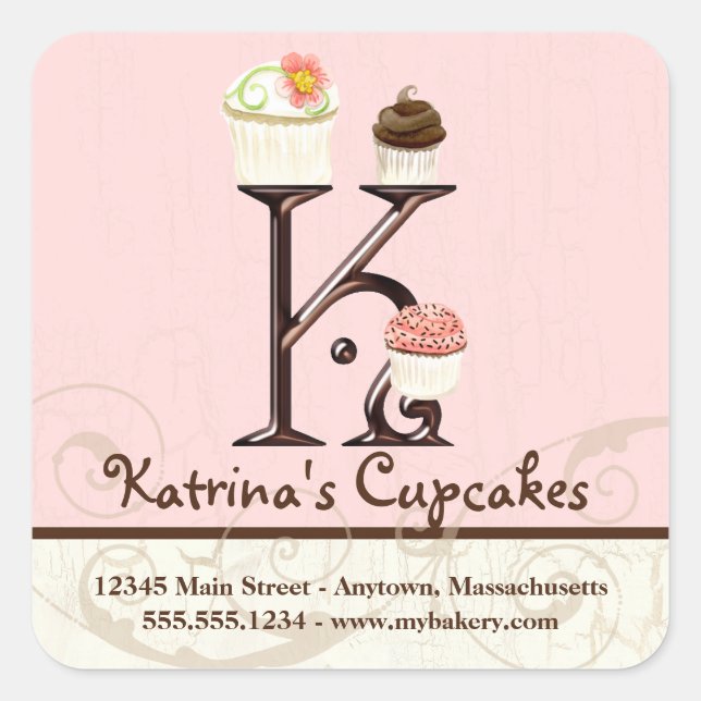 Letter K Monogram Cupcake Initial Art Business Square Sticker (Front)