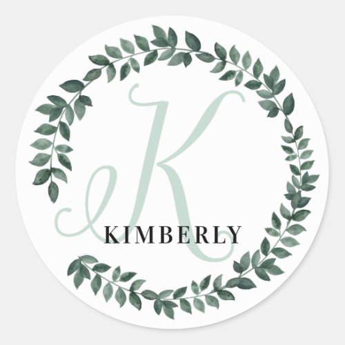 Letter K Monogram Custom Name Minimalist Botanical Classic Round Sticker