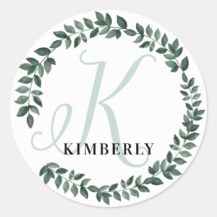 Letter K Monogram Custom Name Minimalist Botanical Classic Round Sticker