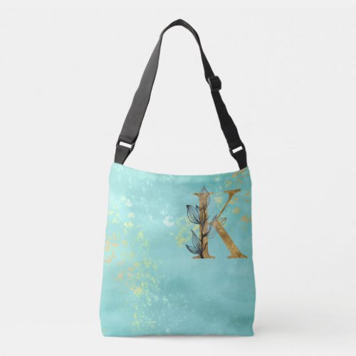  LETTER K _ Monogram Gold Glitter Turquoise Blue Crossbody Bag