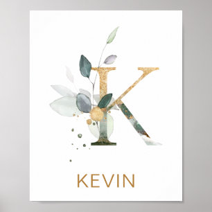 Letter K Monogram Green & gold foliage Nursery Poster