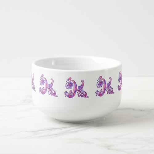 Letter K monogram pink purple art soup bowl mug