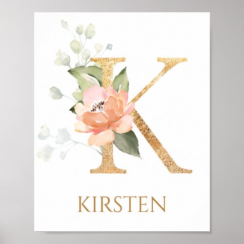 Letter K Monogram pink rose Nursery Poster