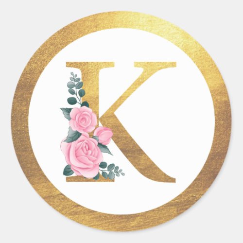 Letter K Monogram Pink Roses Floral  Elegant Gold Classic Round Sticker