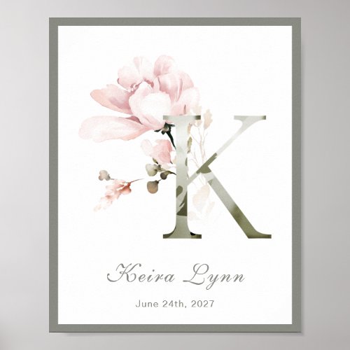Letter K Monogram Pink White Floral Nursery Poster