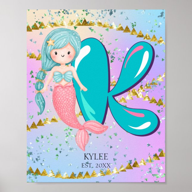 Letter K Monogram Watercolor Cute Mermaid Nursery Poster (Front)