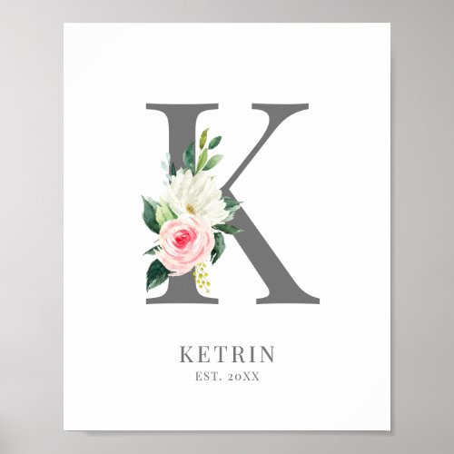 Letter K Monogram Watercolor Florals Poster