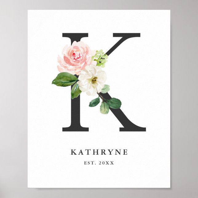 Letter K Monogram Watercolor Peach Florals Nursery Poster (Front)