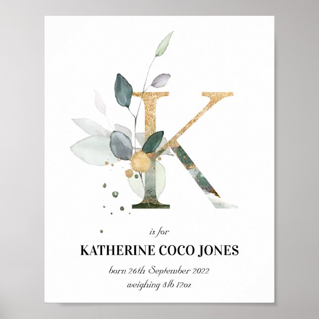 Letter K New Baby Monogram Birth Print Greenery (Front)